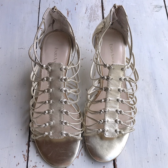 Golden Kitten Heel Leather Gladiator Sandals - Picture 1 of 10